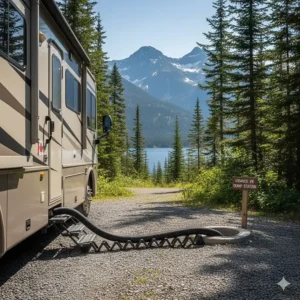 Illustration of a plastic sidewinder support system holding a camper sewer hose at a sloped Canadian campsite.