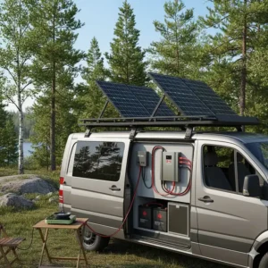Illustration of a solar-powered off-grid system featuring a 2000W camper power inverter for sustainable travel in Ontario wilderness.