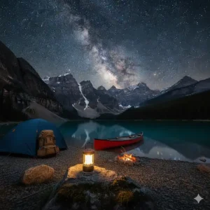 A solar-powered camping lantern charging on a backpack during a summer hike in the Laurentian Mountains, Quebec.