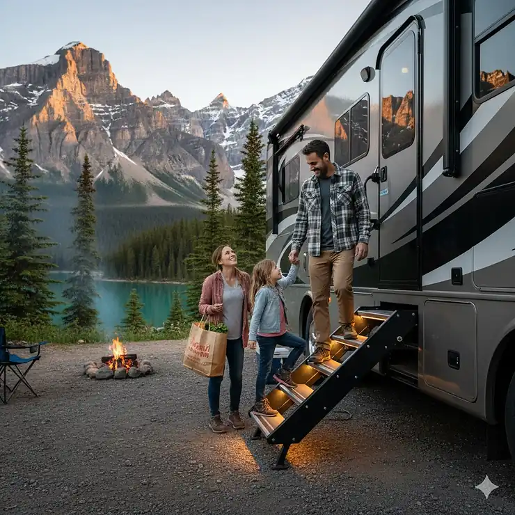 A family using sturdy camper stairs to enter a luxury RV parked at a campsite in the Canadian Rockies.