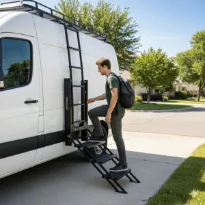 Space-saving telescoping camper stairs and ladder combination for small camper vans and Class B RVs.