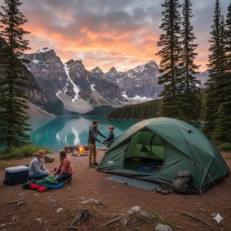 A family setting up a large tente camping at a scenic lakeside park in Canada during sunset.