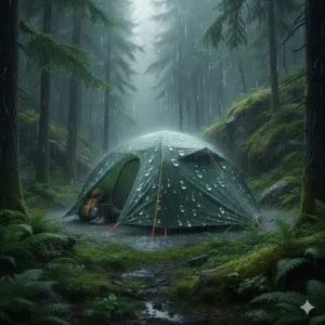 Photorealistic waterproof tente camping shedding heavy rain in a lush Canadian forest.
