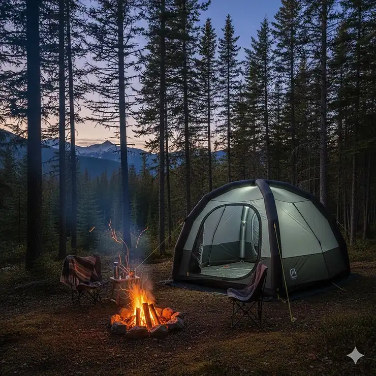 Une grande tente gonflable de camping installée dans un parc national canadien au coucher du soleil.