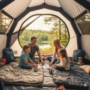 Intérieur spacieux d'une tente gonflable de camping idéale pour les familles au Québec.