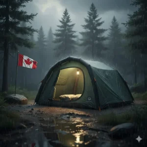 Tente gonflable de camping avec revêtement imperméable pour le climat variable du Canada.