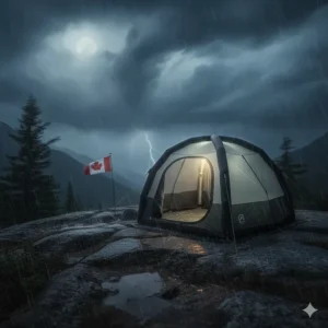 Tente gonflable de camping résistante aux vents forts des Rocheuses canadiennes.