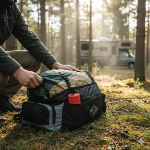 Tente gonflable de camping compacte dans son sac de transport pour petits véhicules.