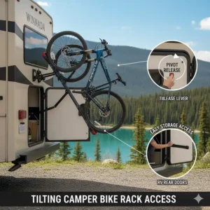 Illustration showing a tilting camper bike rack allowing easy access to the rear storage doors of an RV.