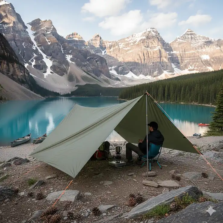 A durable ultralight camping tarp set up as a rain shelter overlooking the turquoise waters of Banff National Park, Alberta.