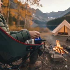 Connecting a high-capacity power bank to a heated chair for extended warmth during autumn camping.