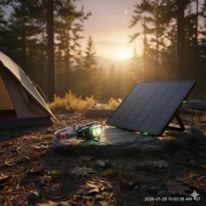 Illustration of a USB-rechargeable camping headlamp being charged by a solar power bank at a campsite.