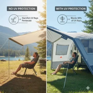 Illustration highlighting UV protection features of a camper awning replacement fabric against the summer sun.
