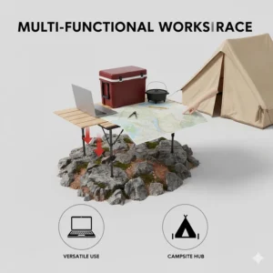 Versatile camping table used as a workspace or map station at a Canadian backcountry campsite.