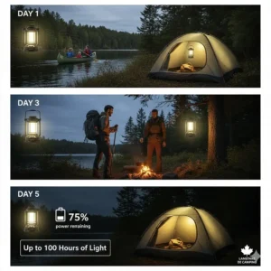 A vintage-style electric camping lantern on a rustic wooden picnic table at a family campground in Ontario.