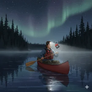 Illustration of a waterproof camping headlamp used for night canoeing in Ontario's Algonquin Park.