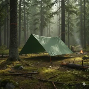 A waterproof camping tarp configured in an A-frame style between two pine trees in a dense Ontario boreal forest.