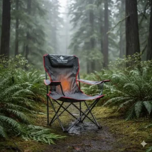 A durable, water-resistant heated camping chair standing up to light Pacific Northwest drizzle in BC.