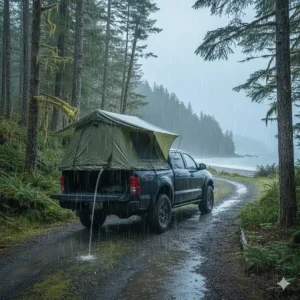 A waterproof pickup camping tent enduring a rainy day in a British Columbia coastal forest.