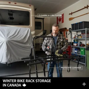 Illustration of a camper bike rack being cleaned and prepped for winter storage in a Canadian garage.