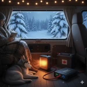 Illustration of a camper power inverter providing energy for a small heater during a snowy Canadian winter camping trip.