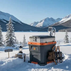 A heavy-duty toilet portable camping setup designed for cold-weather use in the Canadian North.