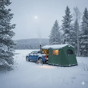 An insulated pickup camping tent set up in a snowy landscape in Quebec, showcasing 4-season durability.