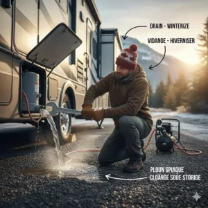 Step-by-step guide to draining a camper hot water tank for Canadian winter storage.