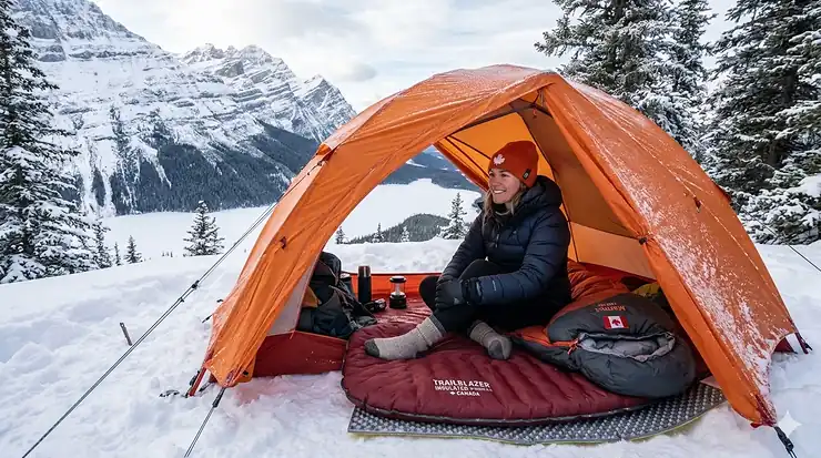 A camper testing a high-R-value insulated sleeping pad for winter camping in the snowy Canadian Rockies.