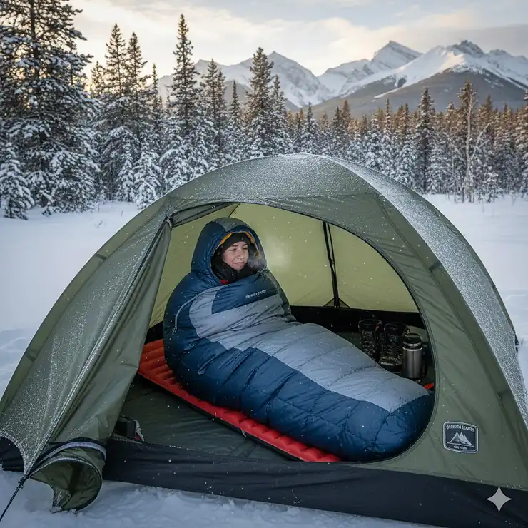A person stays warm in a high-quality winter sleeping bag inside a tent during a snowy camping trip in the Canadian Rockies. winter sleeping bag Canada under $500