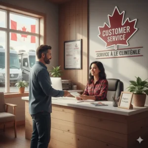 Illustration of a Canadian storage facility office providing bilingual English and French customer service for camper storage unit rentals.