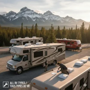 Camper roof sealant being used on various recreational vehicles, including travel trailers and fifth wheels.