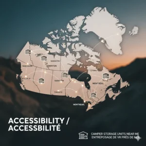 A map highlighting the accessibility of camper storage units across major Canadian urban centers and popular camping corridors.