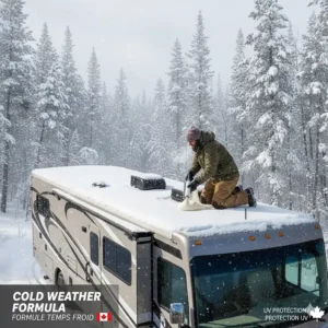 Applying specialized camper roof sealant designed to remain flexible in freezing Canadian winter temperatures.