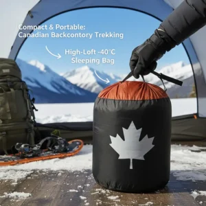 Illustration showing a -40 degree sleeping bag compressed into a small dry-bag for Canadian backcountry trekking.