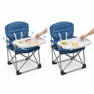 Illustration of the BPA-free removable tray on a camp chair high chair, easy to clean after a messy outdoor meal.