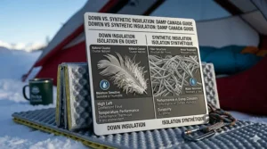 Cross-section illustration of down vs synthetic insulation in a women's winter sleeping bag for damp Canadian climates.
