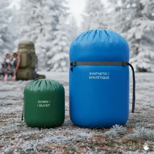 Visual comparison of packability between down and synthetic sleeping bags for Canadian backcountry expeditions.