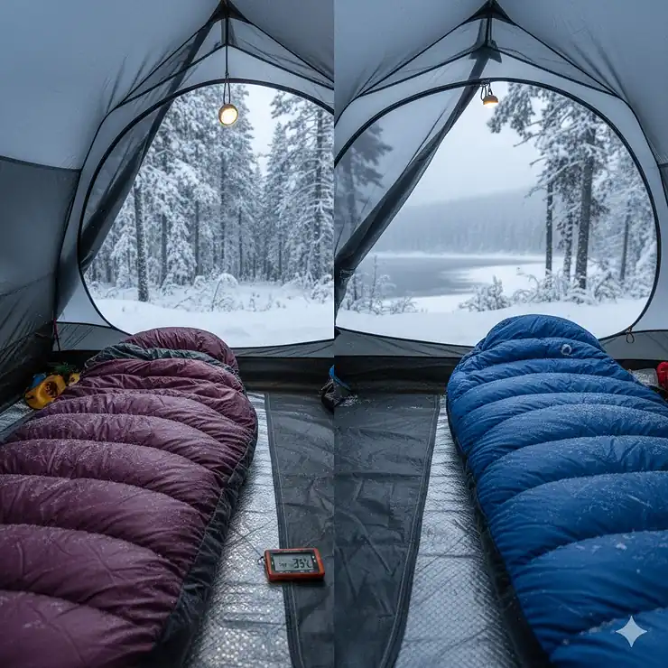 A comparison of down vs synthetic sleeping bags for extreme cold camping in the Canadian winter wilderness. down vs synthetic sleeping bag extreme cold
