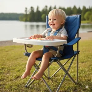 Illustration showing the weight capacity of a camp chair high chair, suitable for infants up to toddlers.