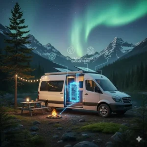 Sustainable lithium camper battery powering a remote campsite, highlighting green energy use in Canada’s wilderness.