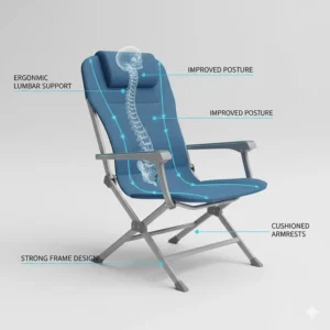 Technical illustration showing the integrated lumbar support of a Strongback camping chair for better posture.