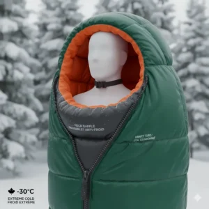 Illustration of technical draft tubes and neck baffles in extreme cold sleeping bags for Canada.