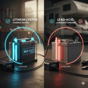 An infographic showing the rapid charging cycles of a lithium camper battery compared to standard RV batteries.