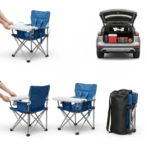 Diagram showing how a camp chair high chair folds down compactly to fit into a small SUV trunk for Canadian road trips.