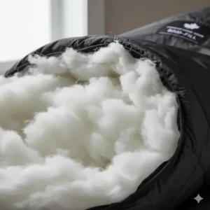 Illustration of high-loft 800-fill goose down used in a winter sleeping bag for extreme Canadian cold.