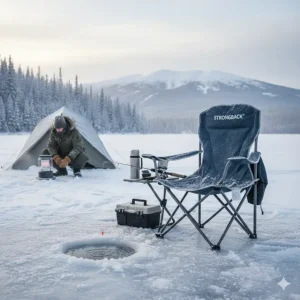 Illustration of a heavy-duty Strongback chair used for ice fishing on a frozen Canadian lake.