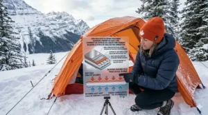 Graphic showing an insulated sleeping pad blocking conductive heat loss from frozen Canadian tundra ground.