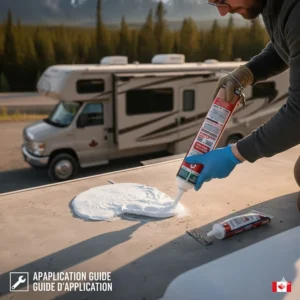 DIY RV maintenance showing the proper way to apply camper roof sealant around a vent to prevent leaks.