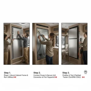 Step-by-step illustration of a Norcold camper refrigerator being mounted in a Class B camper van conversion.